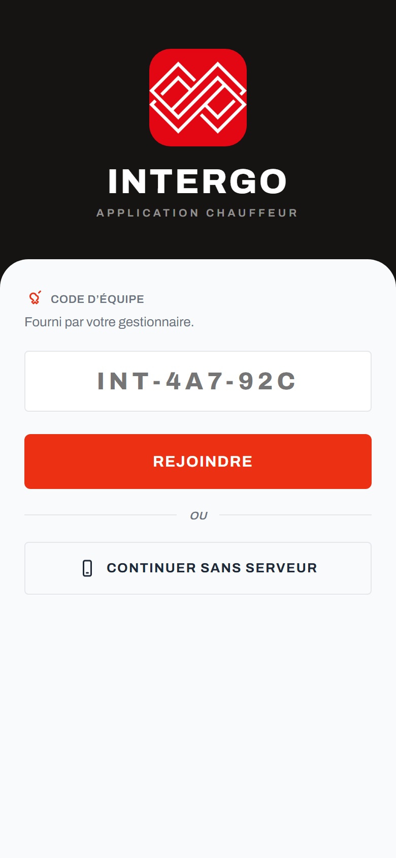 Écran de connexion INTERGO